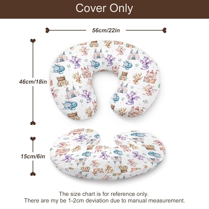 Cartoon Cute Dragon Castle Stars Leaves Pattern Nursing Pillow Cover, Unisex Removable Breastfeeding Pillowcase Slipcover for Baby Girls Boys Newborns Toddlers, Cover Only