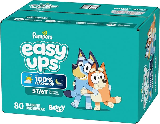 Easy Ups Girls & Boys Potty Training Pants, Size 5T-6T, 80 Count, Bluey Absorbent Training Underwear, Up to 100% Leakproof Day and Night, Hypoallergenic (Packaging May Vary)
