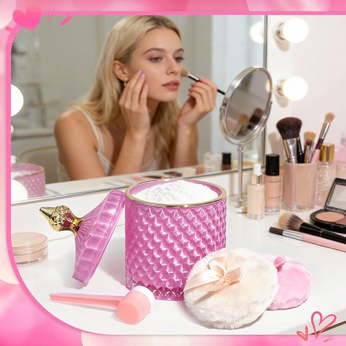 5 Pcs Body Powder Puff Set, 21oz Pink Glass Powder Container with Lid, Soft Powder Puffs & Spoons, Washable Refillable Dusting Jar for Body Powder, Talcum, Makeup