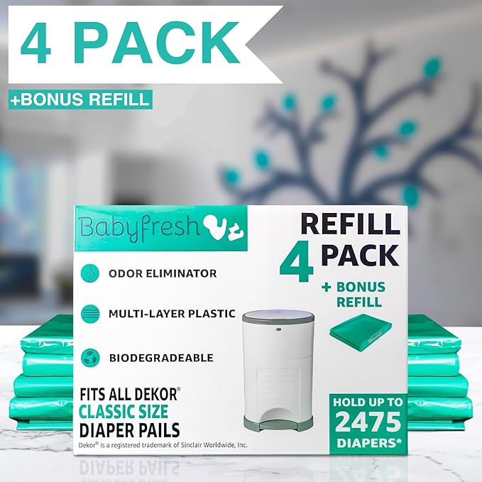 Refills Compatible with DEKOR classic Diaper Pails | 4+1 Pack | Exclusive 30% Extra Thickness | Diaper Pail Refills with Powerful Odor Elimination | Fresh Powder Scent | Holds up to 2500+ Diapers