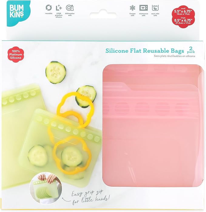 Bumkins - Silicone Snack & Sandwich Bags - For Storage, Food Prep, Lunch Bag - Reusable, Leak Resistant, Washable, Microwave, Freezer & Dishwasher Safe - 2 pack - Pink