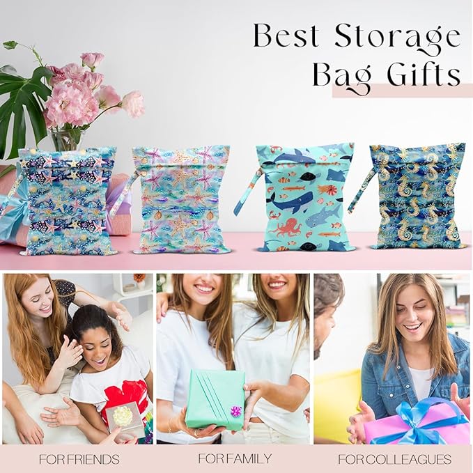 4 Pack Wet Bag for Swimsuit, Beach Travel Essentials Wet Dry Bag, for Sunscreen Toiletry Dirty Clothes Yoga Gym Diaper, Friend Summer Beach Vacation Gifts. Marine Animal Series