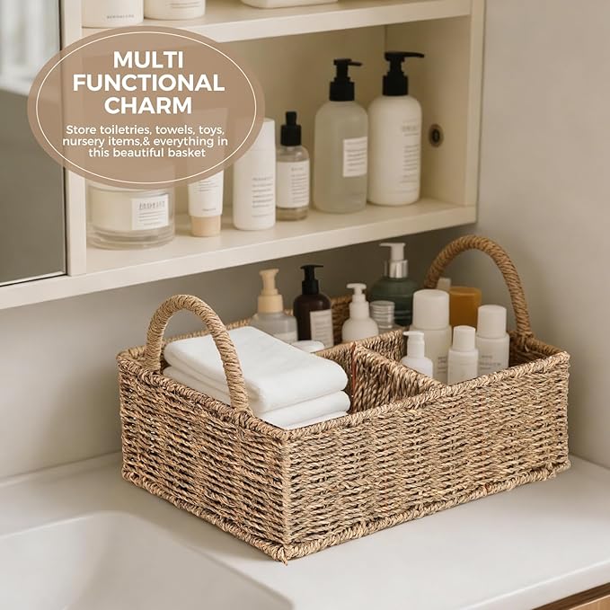 Diaper Caddy Organizer, Hand Rattan Nursery Baby Basket Changing Table Organizer for Baby Essentials, Baby Shower Gifts, Versatile Shelf Basket Bathroom/Kitchen Organizer (Natural, L)