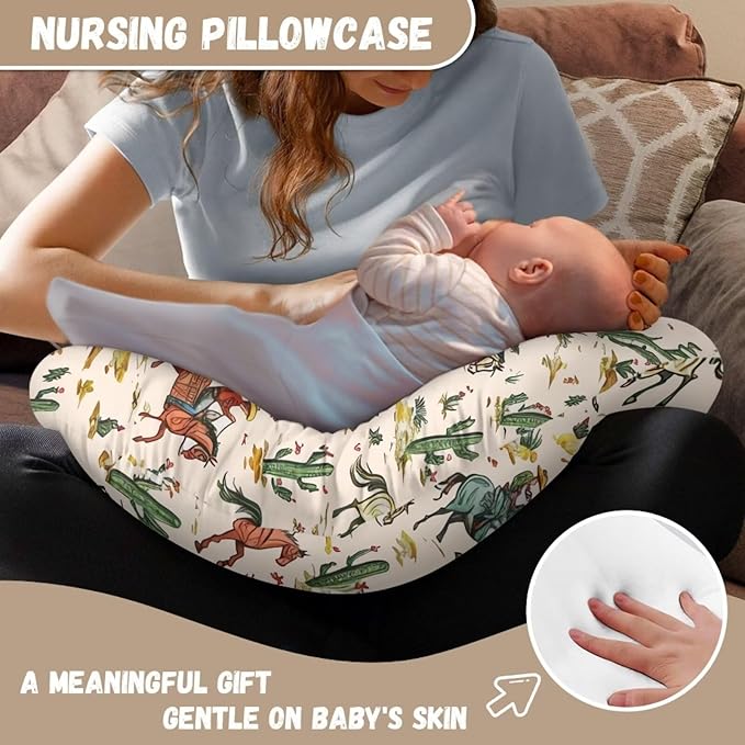 Western Cow Boy Horse Nursing Pillow Cover for Baby Girl Boy Removable Covers for Breastfeeding Pillows Stretchy Breast Feeding Pillowcases for Moms Gifts Nursing Covers