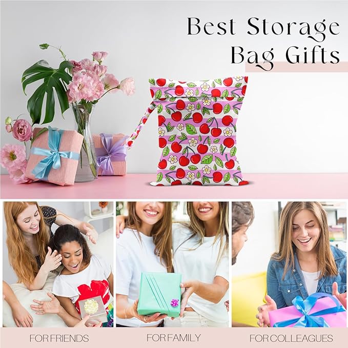 Wet Bag, Wet Dry Bag, Waterproof Swim Bags, Machine Washable Reusable Bags for Beach, Pool, Diapers, and Dirty Yoga Gym Clothes(Cherry Blossoms and Cherries, Stripe Pattern
