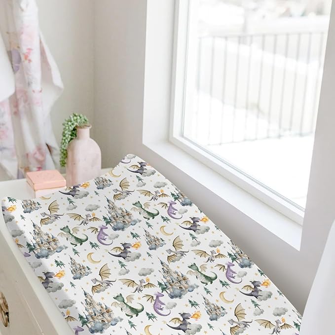 Baby Boy Girl Changing Pad Covers Dragon Tale Castle, Watercolor Green Moon Clouds Stars Tree Safe Snug Fitted Diaper Table Sheet, Soft Breathable Stretchy Change Mat Fit 32 34 x 16