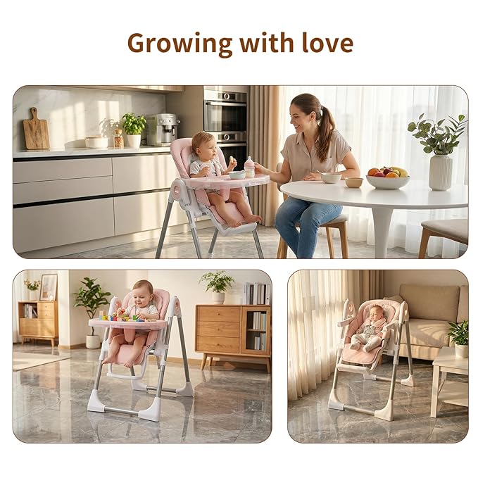 Babilous High Chair, Foldable High Chairs for Babies and Toddlers, Ultra Safe for Infant with Lockable Wheels, Easy Clean, Removable Tray/Adjustable Footrest for Baby Feeding HighChair, Pink