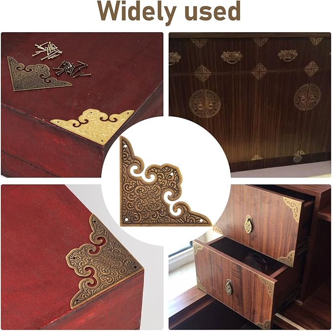 Antique Brass Decorative Box Corner Protector, 4Pcs Wooden Jewelry Gift Box Cabinet Chest Accessories Guard Edge Cover Flat Corner Brace (Bronze, Printing Pattern)