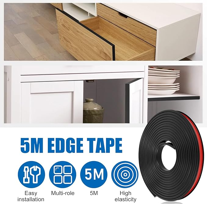 U-Shape Edge Banding, 16.4ft Self Adhesive Veneer Edging Trim TPE Flexible Furniture Edge Protector for Countertop Table Cabinet Repair Furniture Restoration (25mm, Black)