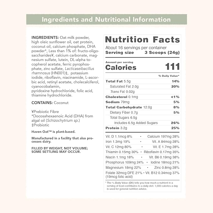 Haven Oat Toddler Formula, Plant Based Dairy Free Oat and Oat Protein Powder for Toddlers With Probiotics, Prebiotics, Lutein and Omega 3 Dha, Easy Digestion Formula, Non GMO, American Made, 14.1 Oz