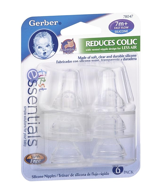 Gerber First Essential Silicone Nipples, Fast Flow, 6 Count (Pack of 1)