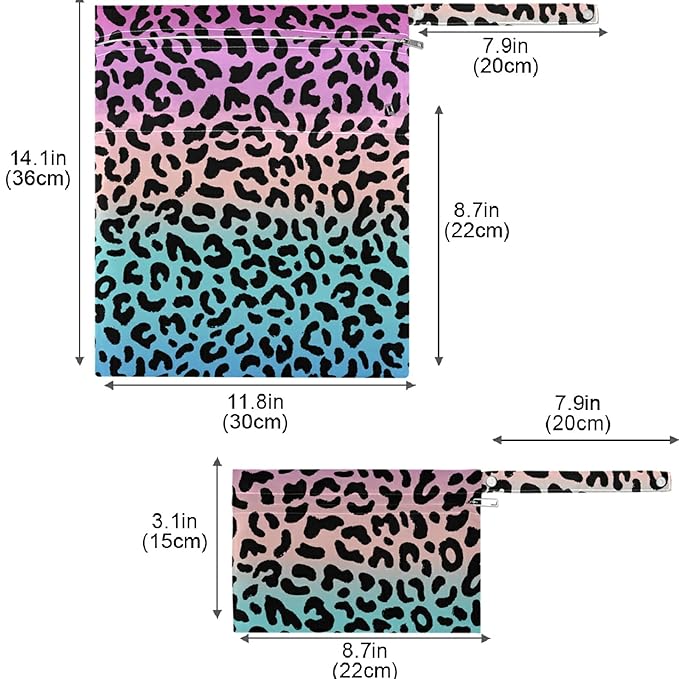 visesunny Colored Leopard Grain 2Pcs Wet Bag with Zippered Pockets Washable Reusable Roomy Diaper Bag for Travel,Beach,Daycare,Stroller,Diapers,Dirty Gym Clothes,Wet Swimsuits,Toiletries