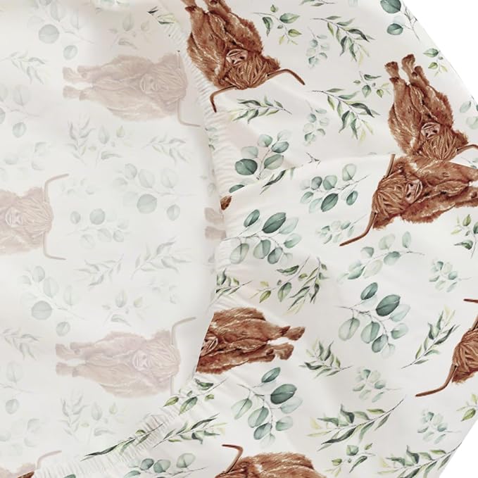 Changing Pad Cover for Baby Girls, 32"/34" x 16" Safe Snug Diaper Change Table Pad Covers, Soft Stretchy Changing Pad Sheets Highland Cow Eucalyptus Leaves Theme Nursery Decor