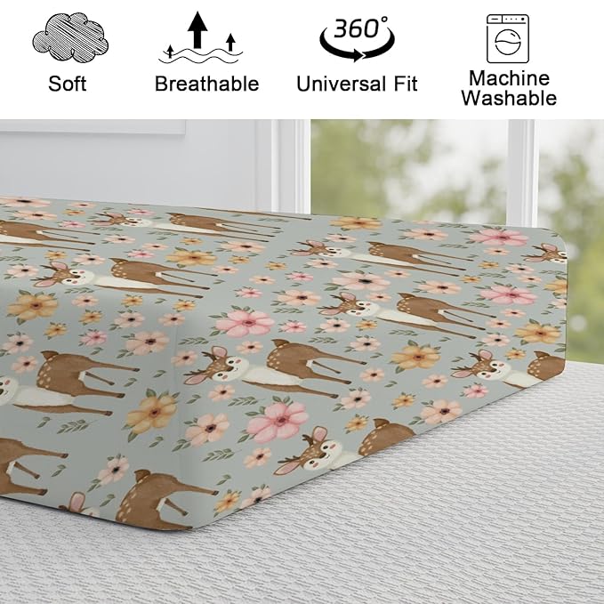 Cute Deer Boho Retro Floral Changing Pad Covers Cartoon Deer Diaper Change Table Pad Cover Sheets for Boys Girls Ultra Soft Breathable Stretch Changing Mat Sheets Cover 32''x16''