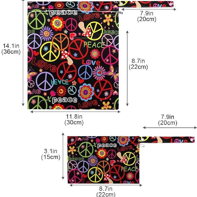 visesunny Hippie Peace Symbol Mushroom And Abstract Flower 2Pcs Wet Bag with Zippered Pockets Washable Reusable Roomy for Travel,Beach,Pool,Daycare,Stroller,Diapers,Dirty Gym Clothes, Wet Swimsuits, T