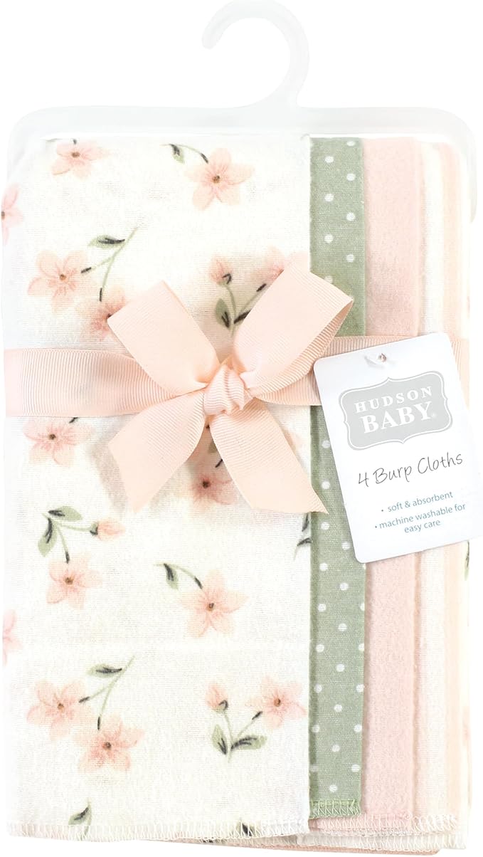 Hudson Baby Cotton Poly Flannel Burp Cloths Multipack, Pink Dainty Floral 8-Pack, One Size