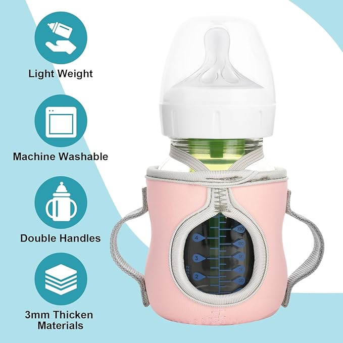 Beautyflier Glass Baby Bottle Sleeve Covers for Dr. Brown's Natural Flow Anti-Colic Wide-Neck Glass Baby Bottles, 3.3mm Thicken Heat and Cold Retention Baby Bottle Sleeve (Pink + Green, 5oz/150 mL)