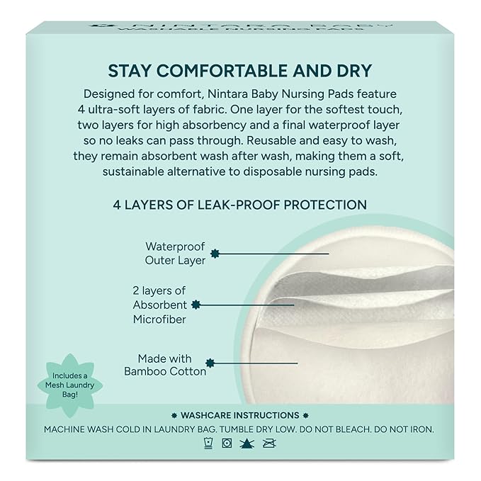 Nintara Baby Reusable Nursing Pads – Soft & Absorbent Breast Pads, Bamboo Viscose Blend, Contoured Fit, Leak-Resistant, Pack of 10 with Laundry Bag