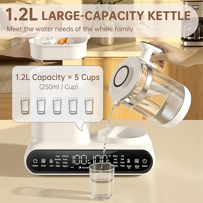 Baby Bottle Warmer, Steamer & Dryer, 16-in-1 Fast Milk Warmer with Timer for Breastmilk & Formula, 1.2L Electric Kettle with Accurate Temp Control, Thaw, Steri-lizing, Keep Warm, Heat Food