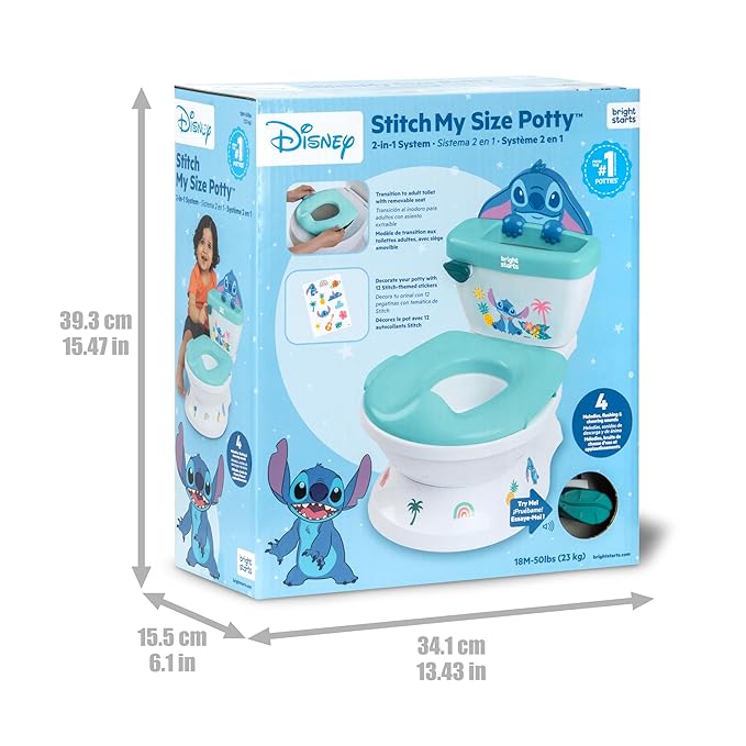 Bright Starts Disney Junior Stitch My Size Potty Training Toilet, Toddler Potty Chair with Flushing & Cheering Sounds, Removable Seat with Splash Guard & Handles, Ages 18+ Months, Up to 50 lbs