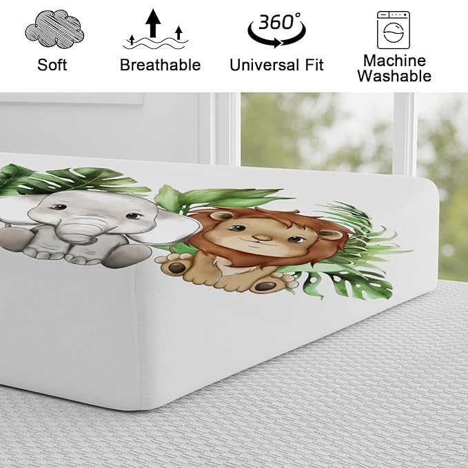 Cute Tropical Jungle Safari Animals Leaves Changing Pad Covers Lion Elephant Giraffe Zebra Hippo Baby Change Table Pad Cover for Boys Girls Soft Stretchy Changing Mat Sheets 32''x16''