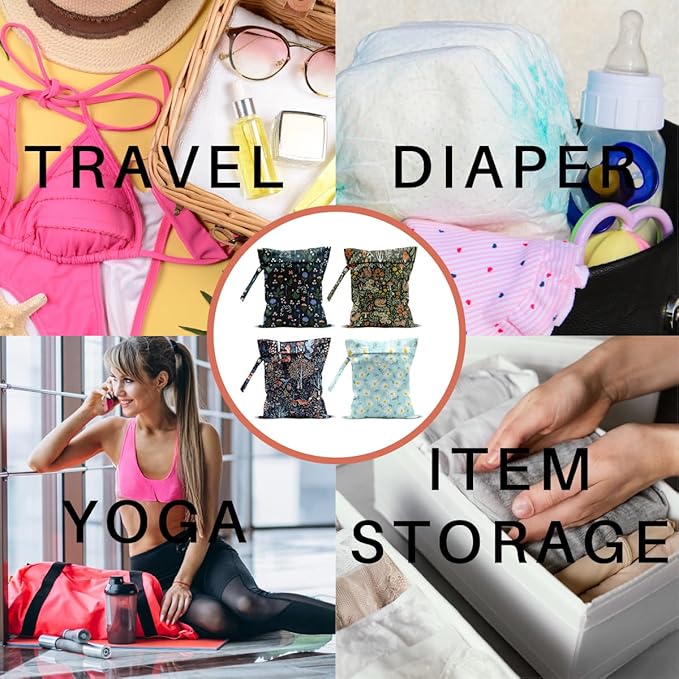 4 Pack Cute Wet Bag Waterproof Washable Reusable Wet Dry Bag for Swimsuit Dirty Clothes Diaper Travel Beach Pool Yoga Gym Christmas PartyToiletries Beach Essentials, Forest Fox Cat Daisy Wildflower