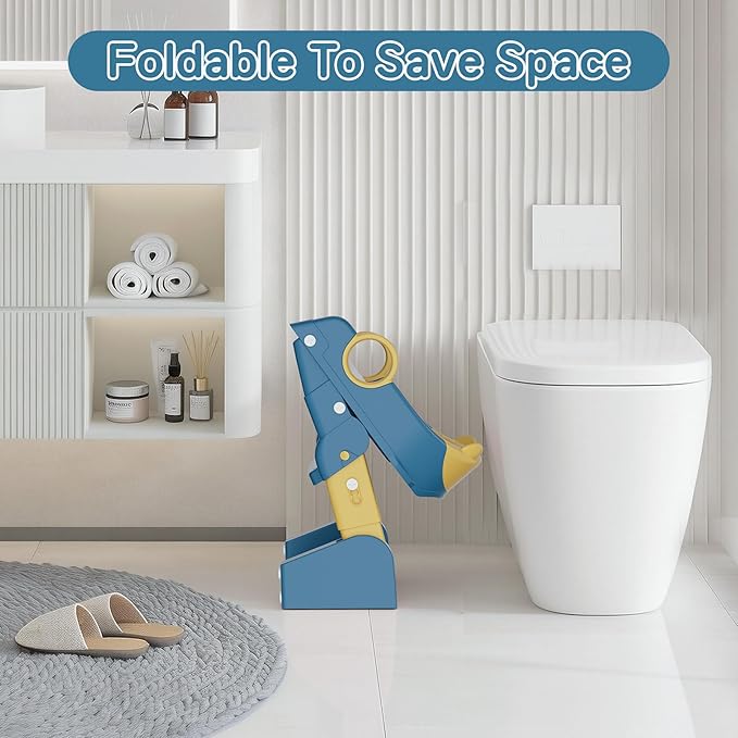 Potty Training Seat,Toddler Toilet Seat for Boys Girls,3-in-1 Potty Training Toilet and Chair with Step Stool Ladder,Anti-Slip Height Adjustable Foldable Splash Guard for Kids (Blue Yellow)