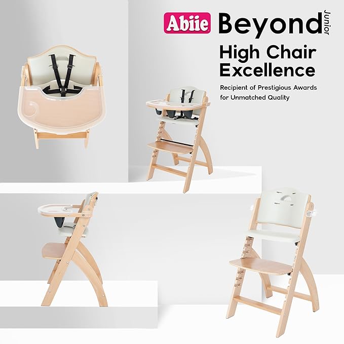 Abiie Beyond Junior Wooden High Chair for Babies and Toddlers - Convertible 3-in-1 Baby Highchair with Removable Tray - 6 Months to 250 Lb - Water Resistant - Natural Wood/Dove Grey Cushion
