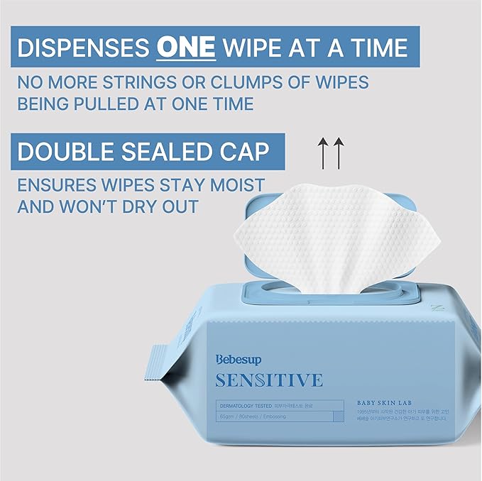 BEBESUP-Korea’s #1 Sensitive Baby Wipes -Hypoallergenic Water-based Unscented Alcohol-Free Extra-Thick Organic Superfood Extracts Plant- Based for sensitive skin Flip-Top 640 Count (8 Packs)