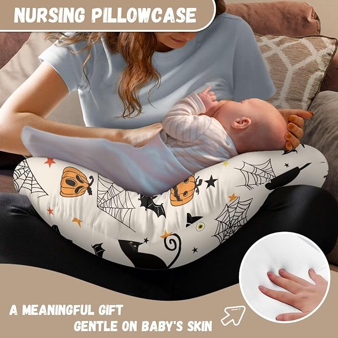 Halloween Nursing Pillow Cover for Baby Boys, Halloween Decor Spider Web Breastfeeding Pillow Slipcover, Cat Bat Pumpkin Pillowcase for Newborn Infant Cover Only