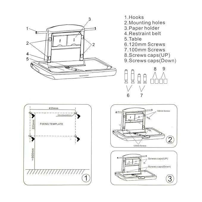 Horizontal Baby Changing Station, Wall Mounted HDPE Fold-Down Diaper Changing Table for Commercial Bathrooms, Daycare, Restaurants & Hotels, Safety Strap, 2 Liner Dispensers, White Granite