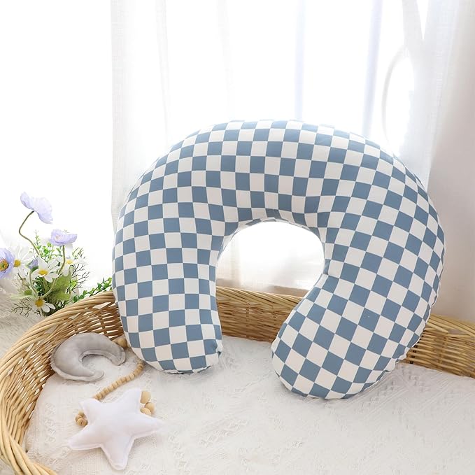 DILIMI Nursing Pillow Cover, Stretchy Removable Case for Breastfeeding Pillows, Ultra Soft Comfortable Slipcover for Baby Girl and Boy, Blue Checkerboard