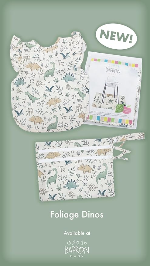 BapronBaby Foliage Dinos Wet Dry Bag - Waterproof Two Zipper Pocket - Reusable for Mealtime, Diapers, Stroller, Snacks, Swimsuits - Machine Washable - 11" x 9"