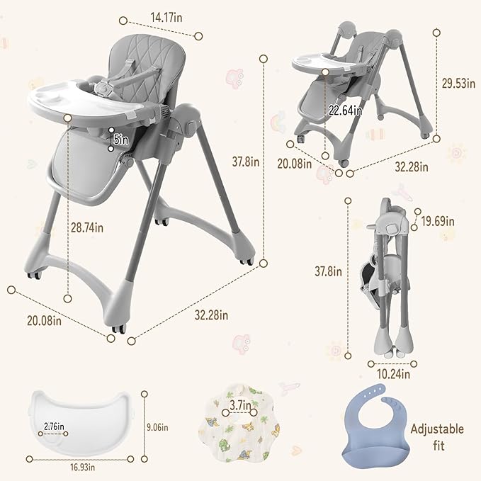 High Chairs for Babies and Toddlers, Foldable Baby High Chair with Removable Tray, Adjustable Backrest and Height, 6 in 1 High Chair with Lockable Wheels for Eating, Include 2 Bibs, Tool-Free Assembly