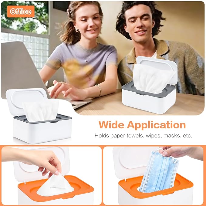 2Pcs Wipe Dispenser, Reusable Baby Wipe Holder Refillable Wipes Container, Easy Open & Close Wipes Pouch Case with Lid for Bathroom Baby Nursery Kitchen Office Travel (Orange/Gray)