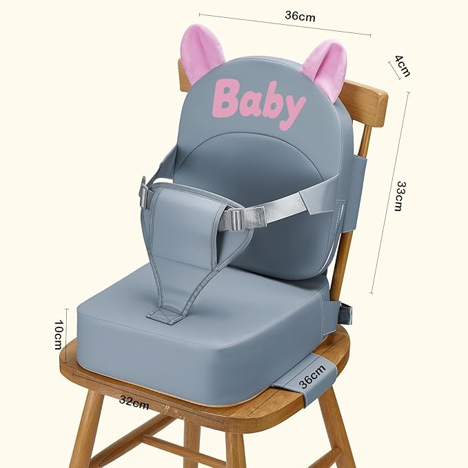 Booster Seat for Dining Table, Toddler Booster Seat for Dining Table, Kids Boys Girls Portable PU Waterproof Travel Baby Boosters Increasing Cushion with Backrest and Adjustable Strap (Gray, OneSize)