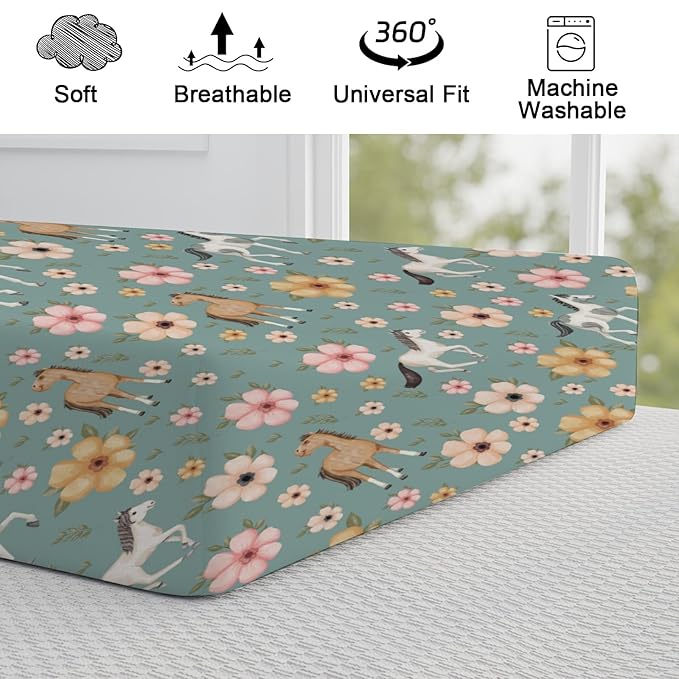 Watercolor Horse Boho Floral Changing Pad Cover Cute Horses Baby Diaper Change Table Pad Cover for Boys Girls Soft Breathable Stretch Snug Fitted Diaper Changing Mat Sheets Covers 32''x16'' Green