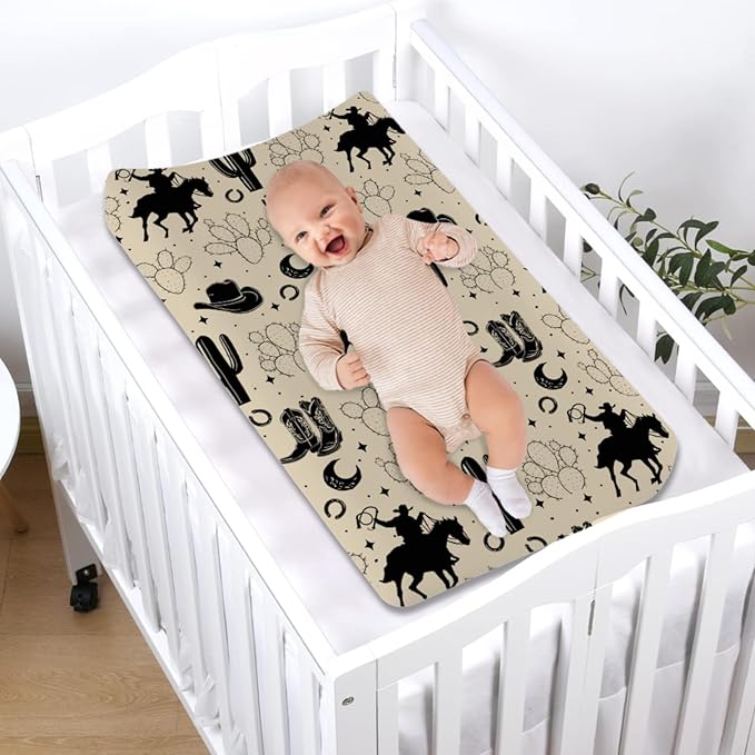 Vintage Western Cowboy Baby Changing Pad Covers Cowboy Horse Boots Hat Cactus Moon Baby Diaper Changing Table Sheets for Boys Wild Plants Soft Breathable Stretchy Nursery Change Table Mats 32''x16''