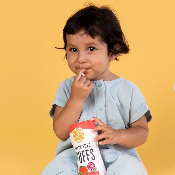 Serenity Kids 6+ Months Grain Free Baby Puffs - On-the-Go Baby Travel Snacks - USDA Organic & Gluten Free Toddler Puffs - Tomato & Herbs, 1.5 Oz, Pack of 6