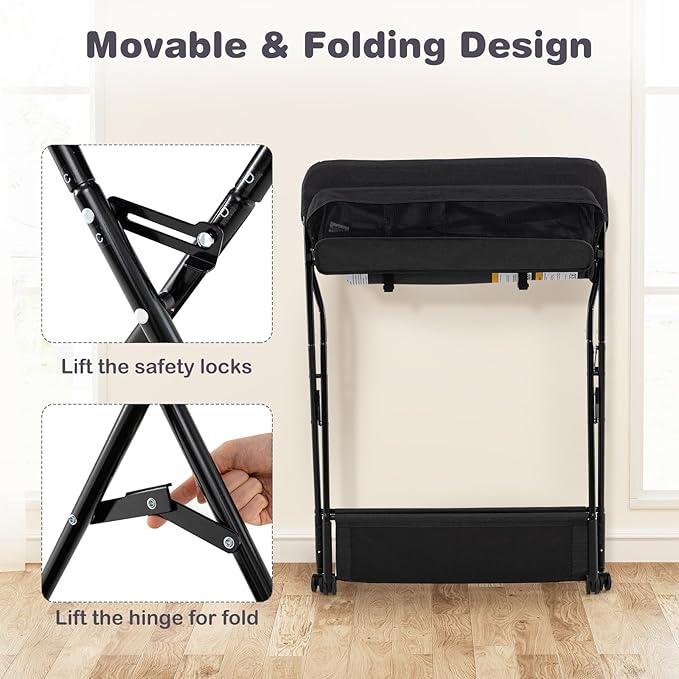 INFANS Baby Changing Table with Wheels, Portable Folding Diaper Station Nursery Organizer with Storage Basket, Hanging Rack, Adjustable Height, Safety Belt for Newborn Infant (Black)
