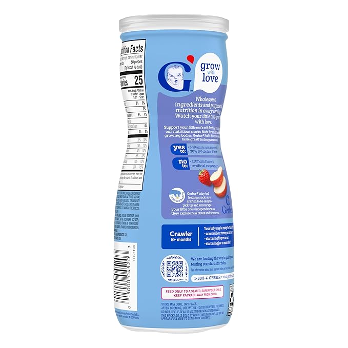 Gerber Stage 3 Baby Snacks, Strawberry Apple Puffs, Puffed Grain Snack, Baby Led Feeding, Iron & Choline, Strawberry Apple Puffs Snacks, 6-Pack