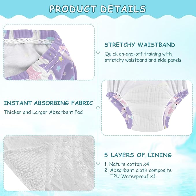 Bolaz Toddler Training Pants, Unicorn Purple Cotton Potty Training Underwear for Baby Boy Girl 3-Pack