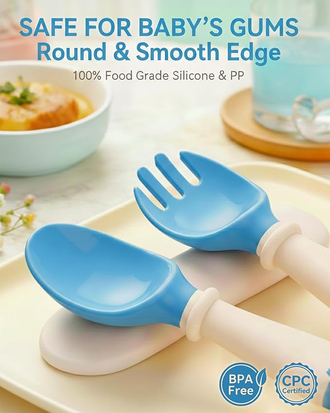 Deejoy Toddler Utensils, Self-feeding Flatware Set withTravel Case, Baby Spoons and Forks with Silicone Bendable Handle, Easy Grip Heat-Resistant, Ideal for Kids, Stage 2, Blue