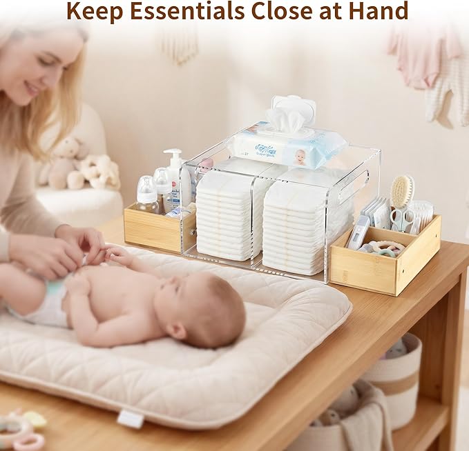 Acrylic Diaper Caddy, Changing Table Organizer with Handle & 3 Wooden Compartments, Storage for Wipe Dispenser, Baby Organizers and Storage, Perfect for Diapers Wipes Creams, Clear