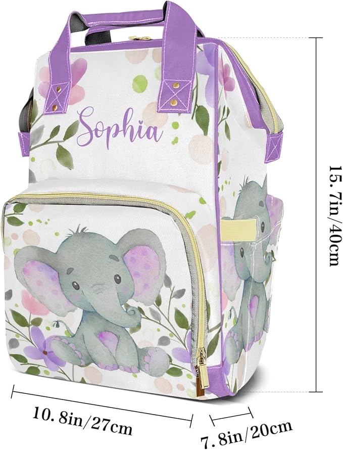Purple Floral Elephant Cute Diaper Bag Baby Nappy Bag Daughter Multi-Function Custom Baby Bag Picnic Diaper Carrying Bag Unisex Gifts with Name