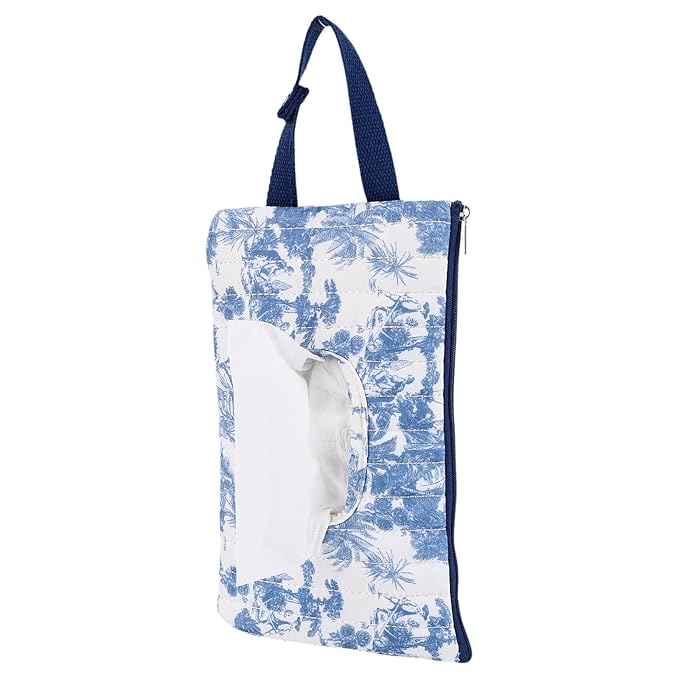Quilted Baby Wipe Holder, Canvas Floral Quilted Pouch with Hanging Strap, Portable Diaper Wipe Holder for Travel Stroller-Grand Classical Blue