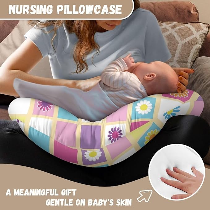 Nursing Pillow Cover Daisy and Plaid Quick-Dry Fabric Fit The Original Support Pillow for Breastfeeding and Bottle Feeding Stretchy Nursing Pillow Cover