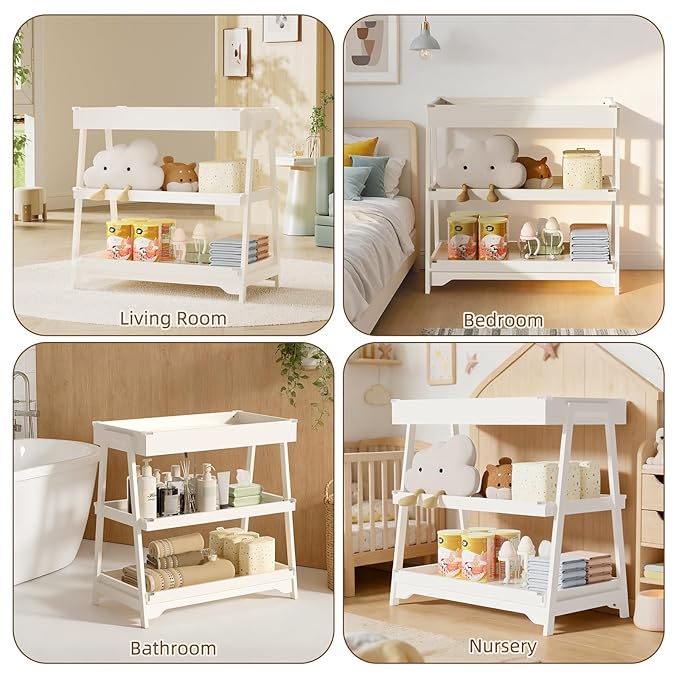 KORIMEFA Baby Changing Table with Two Open Shelves for Infant Daycare Essentials Storage - White with White Legs
