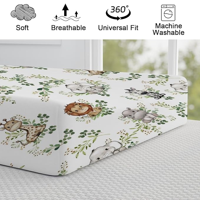 Baby Safari Animals Boho Green Leaves Changing Pad Covers Lion Elephant Giraffe Zebra Hippo Diaper Change Table Pad Covers for Girl Boy Soft Breathable Stretch Changing Mat Sheets 32''x16''