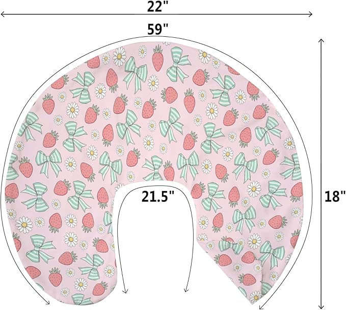 Pink Strawberry Green Bows Daisy Baby Nursing Pillow Covers for Boy Girl Strawberries Bows Nursing Slipcovers for Breastfeeding Pillows Cute Summer Fruit Soft Stretchy Cover for Newborn Infant